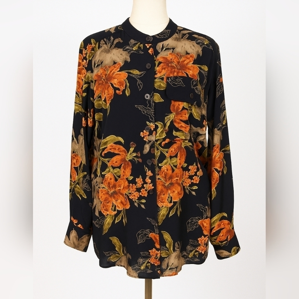 Vintage Caroline Little Women Floral Mandarin Collar Button Down Tunic Shirt Sz6
